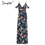 Simplee Cold shoulder ruffles print chiffon long dress