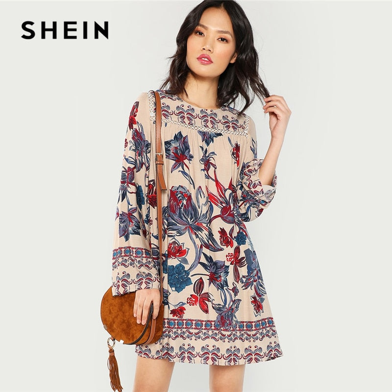 SHEIN Multicolor Lace Eyelet Flower Print Dress