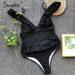 Simplee Mesh white one piece bodysuit female Deep v neck see through bikini playsuit Sexy ruffle bathing suit women swimwear