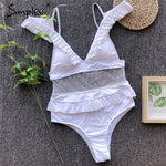 Simplee Mesh white one piece bodysuit female Deep v neck see through bikini playsuit Sexy ruffle bathing suit women swimwear