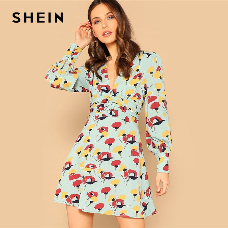 SHEIN Button Front Deep V Neck Floral Print Mini Dress