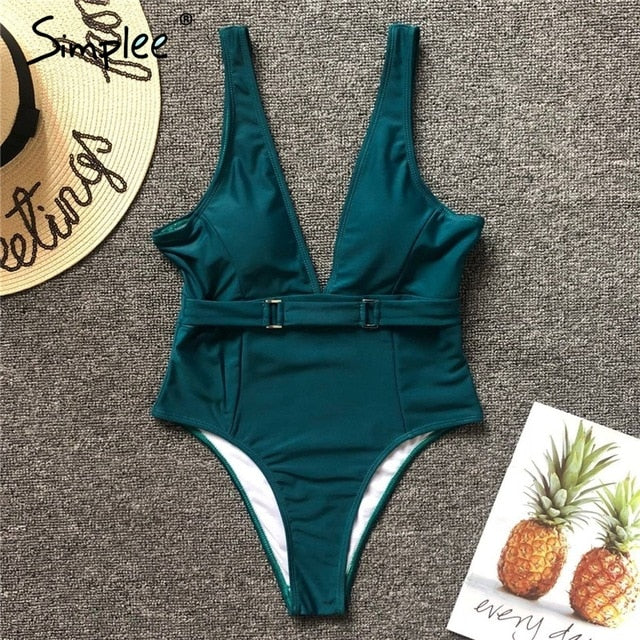 Simplee Deep V push up one piece female swimsuit Green sexy women swimwear bathing suit Belt bikini summer beach bodysuits 2019