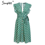 Simplee Sexy V neck polka dot green summer dress
