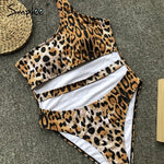 Simplee Sexy leopard print women bodysuits One shoulder bandage high cut swimwear Push up beach summer bathing suit bikini 2019