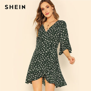 SHEIN Vacation Green Flare Sleeve Surplice Wrap Hem Floral Mini Dress