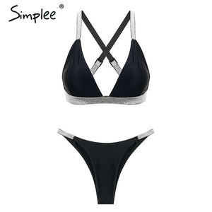 Simplee Sexy silver micro bikini bodysuit Strap push up padded swimsuit female Triangle swimwear women black intimates 2019