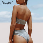 Simplee Silver shiny sexy women bodysuit High waist push up sleeveless 2 pieces bra sets bikini Summer fashion ladies playsuits