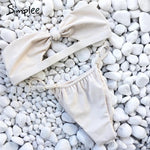 Simplee Sexy tied up two pieces women bikini bodysuits Push up solid bra sets Highcut drawstring summer playsuits