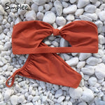 Simplee Sexy tied up two pieces women bikini bodysuits Push up solid bra sets Highcut drawstring summer playsuits