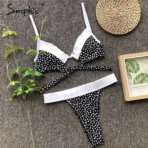 Simplee Casual polka dot women bodysuits Triangle push up padded lace up bikini female Sexy summer beach two piece playsuits
