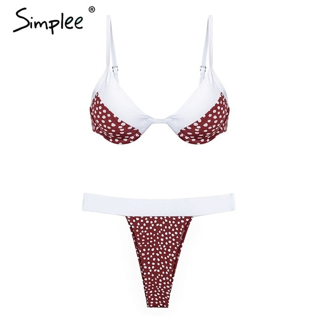 Simplee Casual polka dot women bodysuits Triangle push up padded lace up bikini female Sexy summer beach two piece playsuits