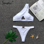 Simplee One shoulder women bodysuit Push up sexy white swimwear bathing suit Buckle thong bikini 2019 summer female swimsuits