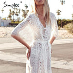 Simplee Sexy swimsuit bikini lace women cover-ups Summer cardigan hollow out long dress Embrodiery elegant ladies beach dress