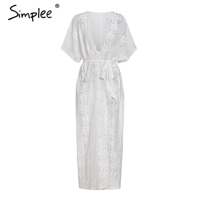 Simplee Sexy swimsuit bikini lace women cover-ups Summer cardigan hollow out long dress Embrodiery elegant ladies beach dress