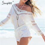 Simplee V neck hollow out women blouse shirt Summer tassel beach bikini shawl tops Sexy bat sleeve white cotton tops and blouse