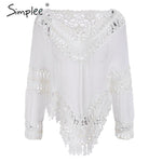 Simplee V neck hollow out women blouse shirt Summer tassel beach bikini shawl tops Sexy bat sleeve white cotton tops and blouse