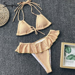 Simplee Striped ruffled bodysuits Triangle push up two piece beach playsuits Halter bikini sexy swimwear women summer bodysuit