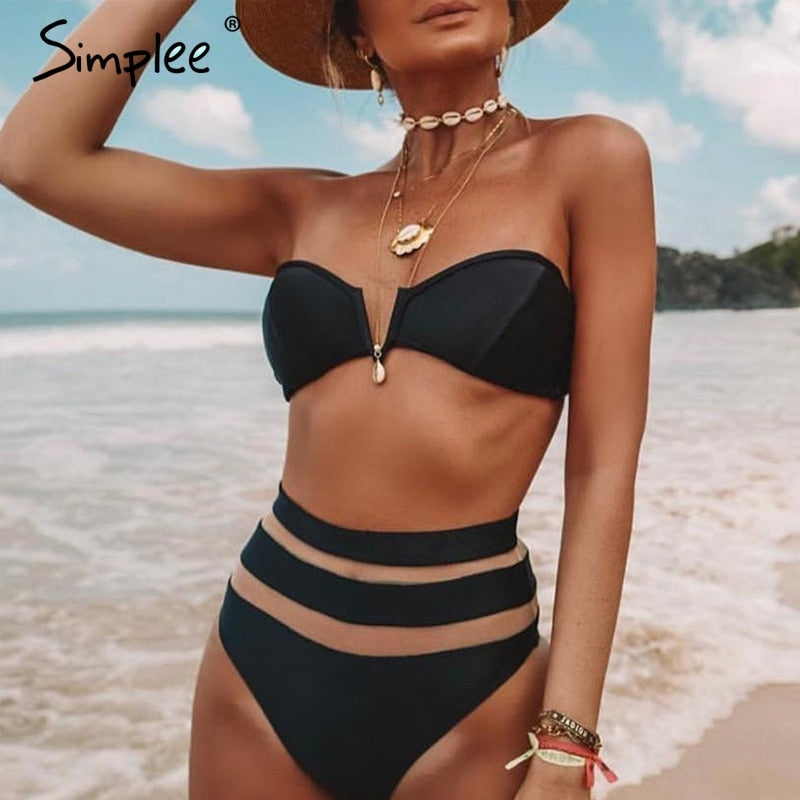 Simplee Sexy 2 piece beach bikini women bodysuit High waist mesh striped female playsuit See through black bodycon bodysuit 2019
