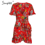 Simplee Sexy v-neck print women short dress