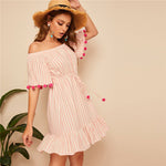 SHEIN Pink Boho Drawstring Waist Pom Pom Detail Stripe Bardot Summer Dress