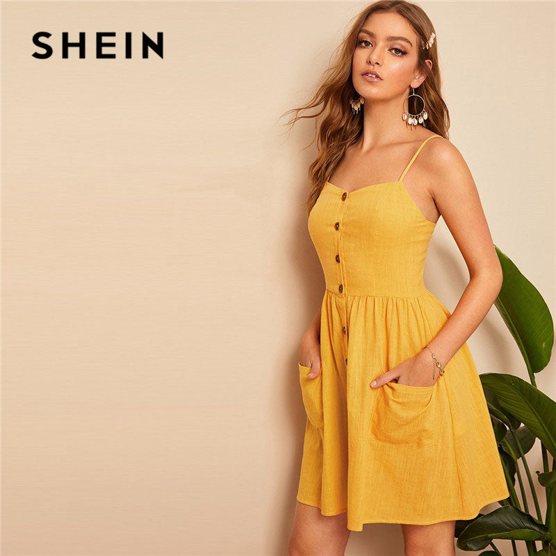 SHEIN Boho Yellow Sleeveless Pocket Patch Button Front Shirred Slip Mini Dress