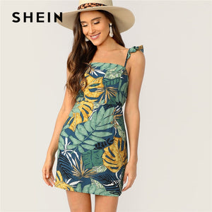 SHEIN Boho Beach Tie Back Tropical Print Ruffle Strap Mini Dress
