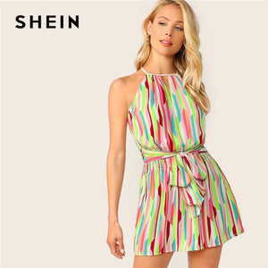 SHEIN Halter Neck Colorblock Geometric Print Belted Summer Dress