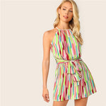 SHEIN Halter Neck Colorblock Geometric Print Belted Summer Dress