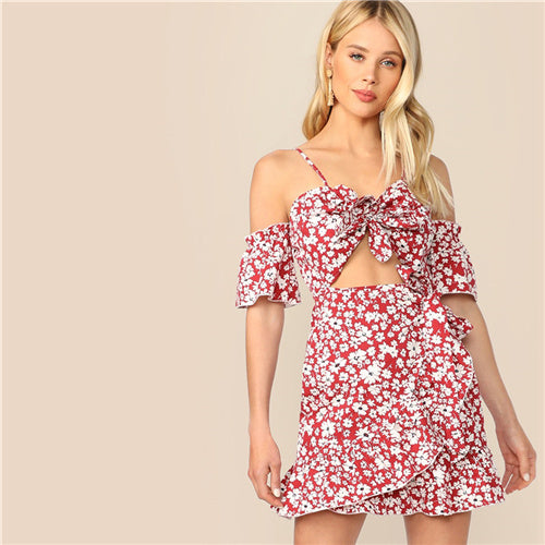 SHEIN Boho Red Peekaboo Tie Front Self Tie Wrap Ditsy Floral Straps Summer Dress