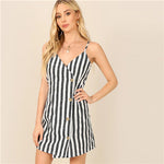 SHEIN Beach Blue Single Breasted Wrap Striped Cami Sheath Short Dress