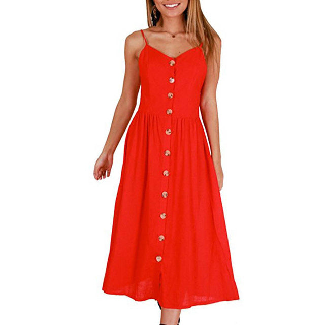 Sexy Dress Casual Women Summer Dresses Boho Vintage Midi Button Backless Polka Dot Striped Floral Beach Dress Female Clothing #F