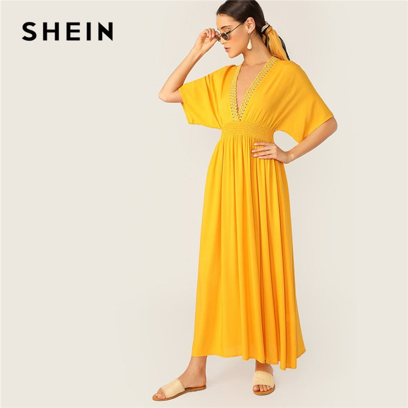SHEIN Guipure Lace Plunging Neck Knot Back Dress Women Summer Dresses