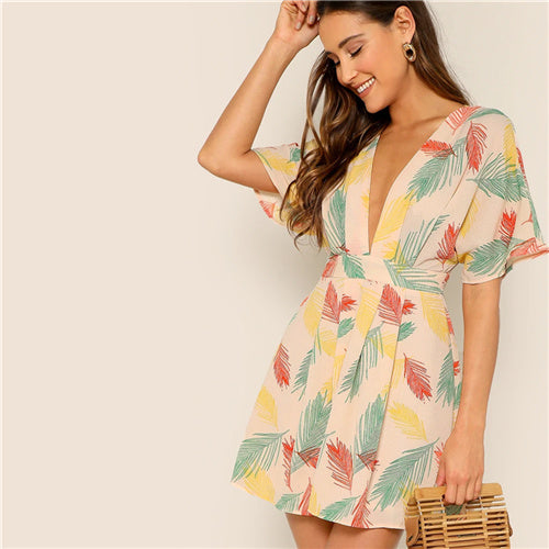 SHEIN Plunge Neck Tied Open Back Tropical Dress