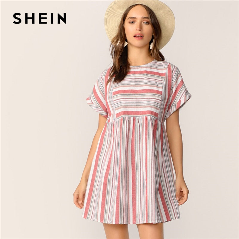 SHEIN Keyhole Back Roll Tab Sleeve Colorblock Striped Dress