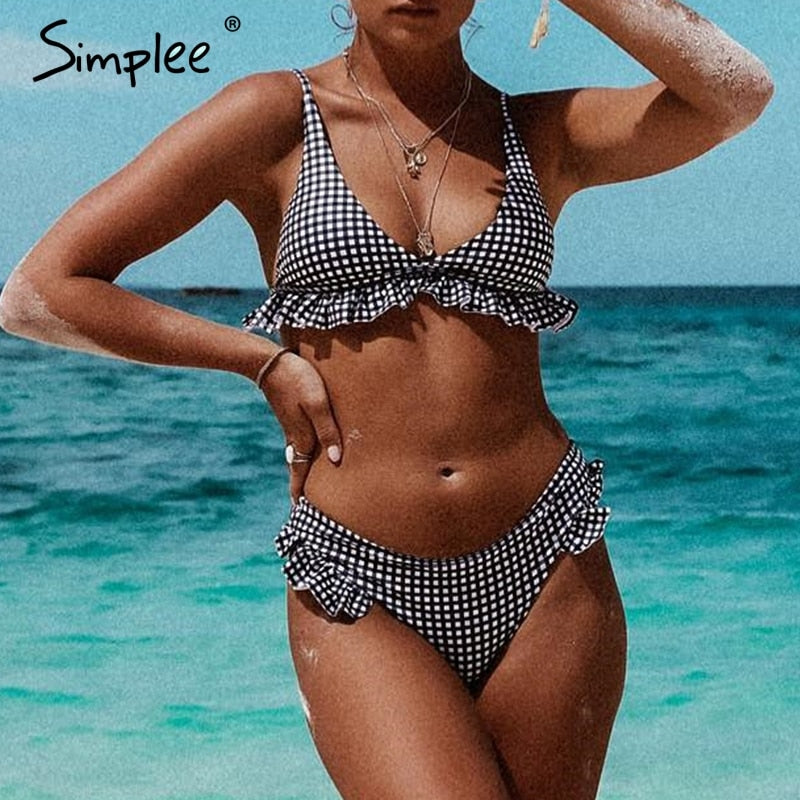 Simplee Plaid ruffles bikinis 2019 mujer Push up swimsuit female High cut swimwear women bathing suit V-neck biquini bathers XL