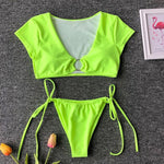 Simplee High cut swimsuit female Neon bikini 2019 Short sleeve bathing suit women Push up swimwear Brazilian v-neck beach wear