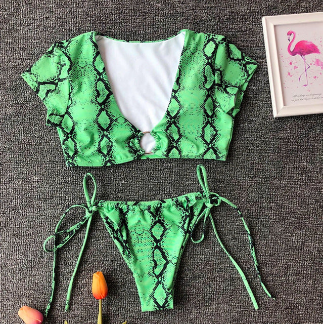 Simplee High cut swimsuit female Neon bikini 2019 Short sleeve bathing suit women Push up swimwear Brazilian v-neck beach wear