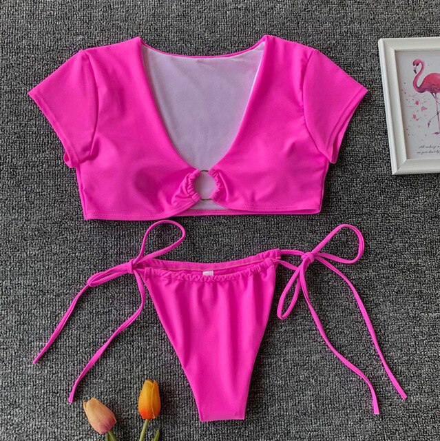 Simplee High cut swimsuit female Neon bikini 2019 Short sleeve bathing suit women Push up swimwear Brazilian v-neck beach wear