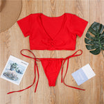Simplee High cut swimsuit female Neon bikini 2019 Short sleeve bathing suit women Push up swimwear Brazilian v-neck beach wear