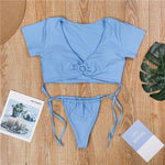 Simplee High cut swimsuit female Neon bikini 2019 Short sleeve bathing suit women Push up swimwear Brazilian v-neck beach wear