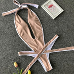 Simplee Deep v-neck halter swimsuit one piece Sexy thong swimwear women bathing suit Monokini High cut bikini 2019 push up new