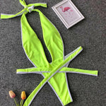 Simplee Deep v-neck halter swimsuit one piece Sexy thong swimwear women bathing suit Monokini High cut bikini 2019 push up new