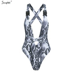 Simplee Buckle bandage swimwear women Leopard print bikini Sexy deep v swimsuit female 2019 Push up high cut one-piece suits