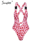 Simplee Buckle bandage swimwear women Leopard print bikini Sexy deep v swimsuit female 2019 Push up high cut one-piece suits