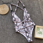 Simplee Buckle bandage swimwear women Leopard print bikini Sexy deep v swimsuit female 2019 Push up high cut one-piece suits