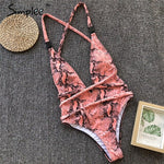 Simplee Buckle bandage swimwear women Leopard print bikini Sexy deep v swimsuit female 2019 Push up high cut one-piece suits