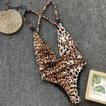 Simplee Buckle bandage swimwear women Leopard print bikini Sexy deep v swimsuit female 2019 Push up high cut one-piece suits