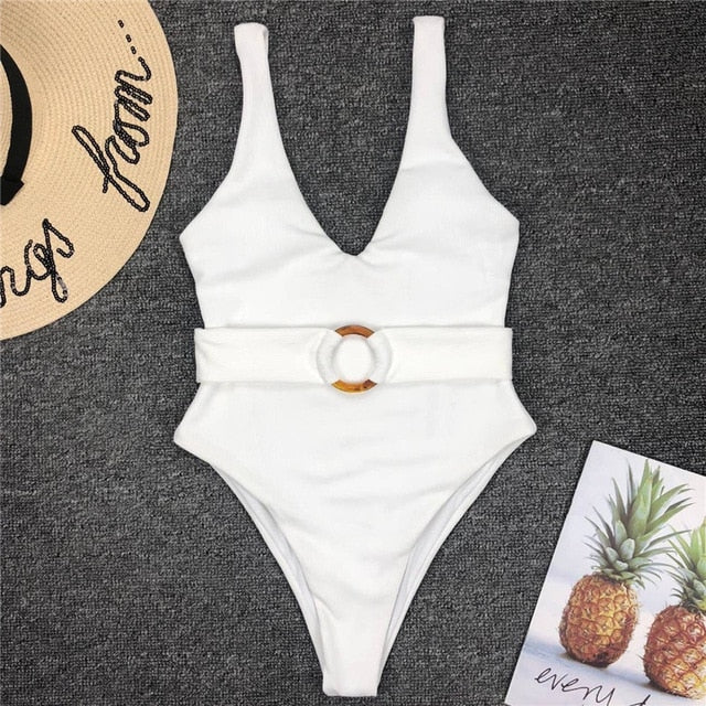 Simplee V-neck swimwear women bathing suit Belt sexy female swimsuit one piece bodysuits Brazilian high cut white bikini 2019