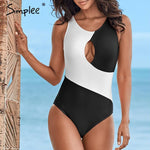 Simplee Hollow out swimsuit bikini push up Sexy patchwork one piece female High cut swimwear women bathing suit Monokini summer